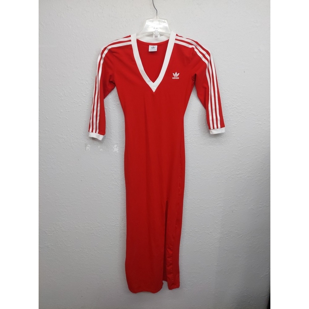 Adidas Adicolor Classics Dress Womens XS Red 3 Striped Trefoil Maxi Slit V Neck